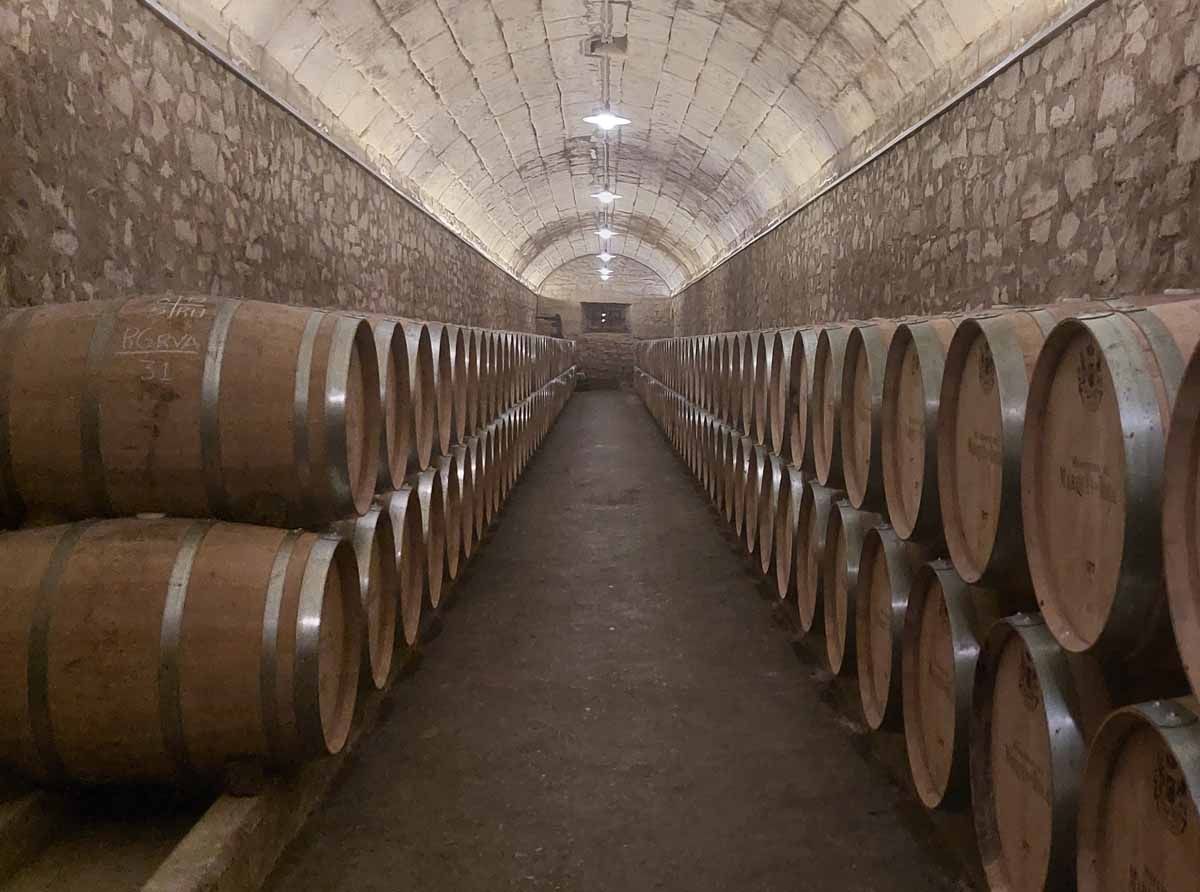 Barricas de crianza de vino en una bodega.