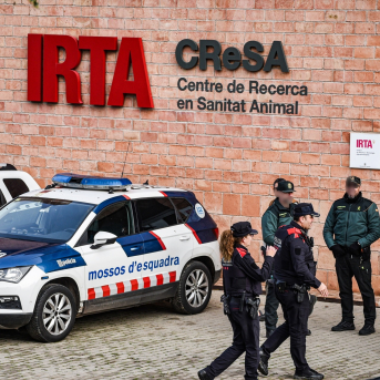 Agentes de la  Guardia Civil y de loa Mossos D'Esquadra en el laboratorio del IRTA. EuropaPress 7176613