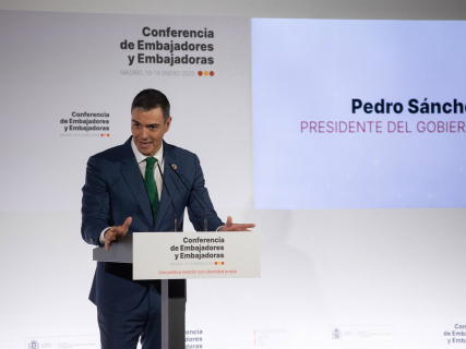 El presidente del Gobierno, Pedro Sánchez, interviene en la sesión de alto nivel de la IX Conferencia de Embajadores de 2024. Archivo.  Alejandro Martínez Vélez - Europa Press