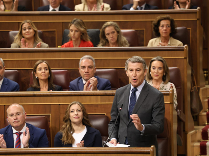 El presidente del PP, Alberto Núñez Feijóo, durante una sesión de control al Gobierno, en el Congreso, a 15 de octubre de 2025, en Madrid (España).  Marta Fernández - Europa Press