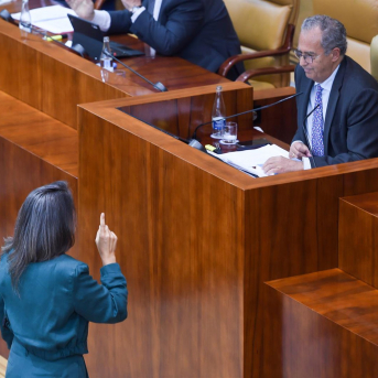 La portavoz de Más Madrid en la Asamblea de Madrid, Manuela Bergerot, y el presidente de la Asamblea de Madrid, Enrique Ossorio, durante un pleno de la Asamblea de Madrid. Gustavo Valiente - Europa Press