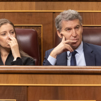 El presidente del PP, Alberto Núñez Feijóo, y la portavoz del PP en el Congreso, Ester Muñoz, durante una sesión plenaria extraordinaria, en el Congreso de los Diputados, a 15 de enero de 2026, en Madrid (España).  Eduardo Parra - Europa Press