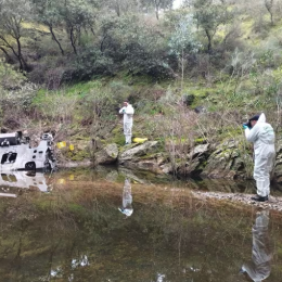 Agentes de la Guardia Civil fotografían y toman evidencias de una pieza hallada en una arroyo en la zona del accidente ferroviario en Adamuz (Córdoba)- GUARDIA CIVIL