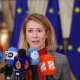 La Alta Representante de la Unión Europea para Política Exterior, Kaja Kallas, ofrece declaraciones a los medios antes de asistir a la reunión de ministros de Exteriores que tiene lugar este jueves en Bruselas. FRANCOIS LENOIR