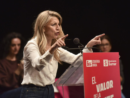 La vicepresidenta segunda del Gobierno y ministra de Trabajo y Economía Social, Yolanda Díaz, durante un acto de campaña electoral en Huesca. Verónica Lacasa - Europa Press