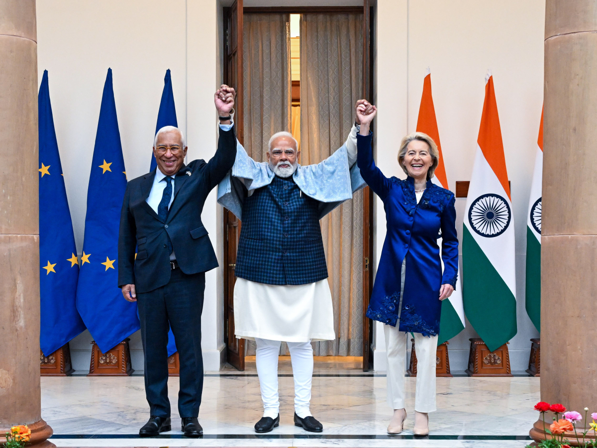From left to right: António Costa, Narendra Modi, Indian Prime Minister, and Ursula von der Leyen