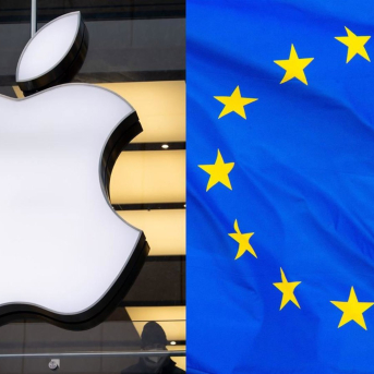 El logo de Apple junto a la bandera de la Unión Europea. SVEN HOPPE / DPA - ALICIA WINDZIO / DPA.