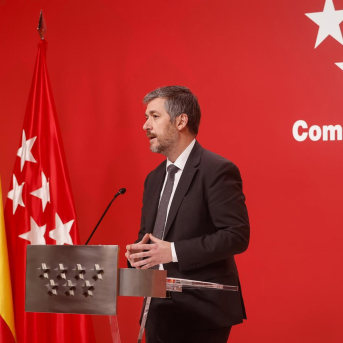 El consejero de Presidencia, Justicia y Administración Local de la Comunidad de Madrid, Miguel Ángel García Martín, en una rueda de prensa tras el Consejo de Gobierno. COMUNIDAD DE MADRID