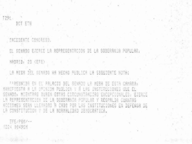 Telegrama de EFE difundiendo el comunicado del Senado