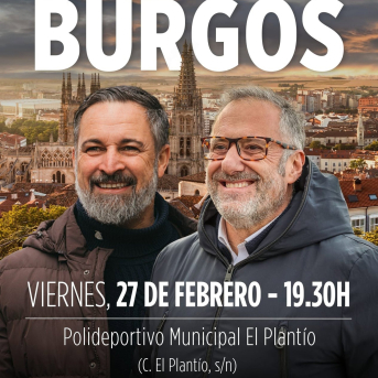 Cartel del acto electoral de Santiago Abascal y Carlos Pollán el viernes 27 de febrero en Burgos VOX