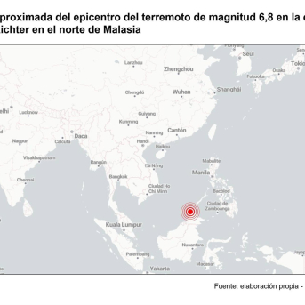 Ubicación aproximada del epicentro del terremoto de magnitud 6,8 en la escala abierta de Richter en el norte de Malasia EUROPA PRESS