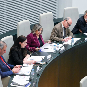 El portavoz de VOX en el Ayuntamiento, Javier Ortega Smith (i), y la concejal de VOX, Arantxa Cabello (c), durante una sesión ordinaria del Pleno del Ayuntamiento de Madrid, en el Palacio de Cibeles Gustavo Valiente - Europa Press