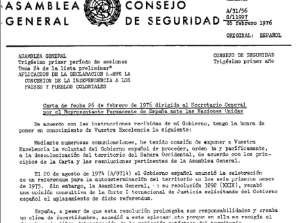 Carta enviada por el Gobierno de España a la ONU el 26 de febrero de 1976 anunciando su salida del Sáhara Occidental y renunciando a toda responsabilidad sobre el territorio EUROPA PRESS