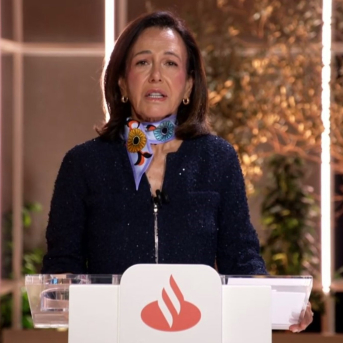 La presidenta de Banco Santander, Ana Botín, en la junta de accionistas de 2025, que se celebró exclusivamente en formato online. EUROPA PRESS