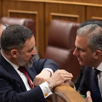 El líder de VOX, Santiago Abascal (i) y el portavoz de VOX en el Ayuntamiento de Madrid, Javier Ortega Smith (d), durante una sesión plenaria, en el Congreso de los Diputados Eduardo Parra - Europa Press