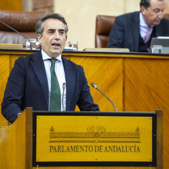 El diputado del Grupo Popular Antonio Saldaña, este jueves en el Pleno del Parlamento en defensa de la PNL de infraestructuras. JOAQUÍN CORCHERO/PARLAMENTO DE ANDALUCÍA