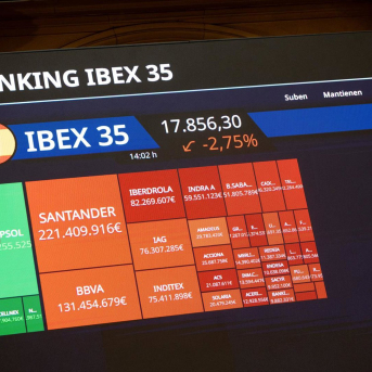 Paneles informativos en el Palacio de la Bolsa de Madrid, a 2 de marzo de 2026, en Madrid (España). Eduardo Parra - Europa Press Paneles informativos en el Palacio de la Bolsa de Madrid, a 2 de marzo de 2026, en Madrid (España). Eduardo Parra - Europa Press