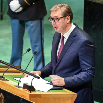 El presidente serbio, Aleksandar Vucic, en un discurso en la asamblea de la ONU.  Europa Press/Contacto/Kyle Mazza