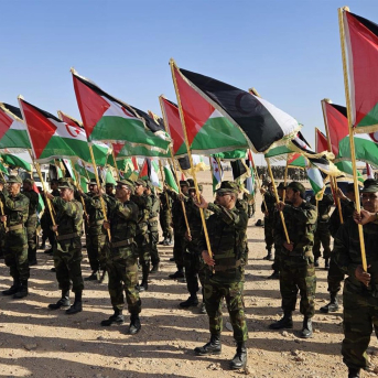 Imagen de los actos de conmemoración del 50 aniversario de la proclamación de la República Árabe Saharaui Democrática (RASD), con la intervención del líder del Frente Polisario, Brahim Ghali. EUROPA PRESS