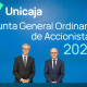 El presidente de Unicaja, José Sevilla, y el CEO, Isidro Rubiales, durante la celebración de la junta general de accionistas 2026. UNICAJA