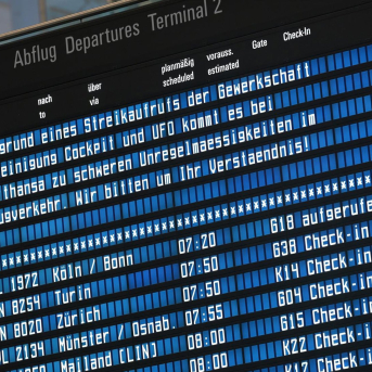 12 March 2026, Hesse, Frankfurt/Main: The departure board at Terminal 2 provides information about the Lufthansa pilots' strike. Malin Wunderlich/dpa