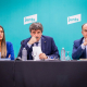(I-D) La portavoz de Junts en el Congreso, Miriam Nogueras; el líder de Junts, Carles Puigdemont, y el secretario general, Jordi Turull, durante una reunión de la cúpula de Junts, en Francia JuntsxCat