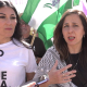 La secretaria general de Podemos, Ione Belarra, atiende a los medios en la marcha a la base de Morón de la Frontera (Sevilla). PODEMOS