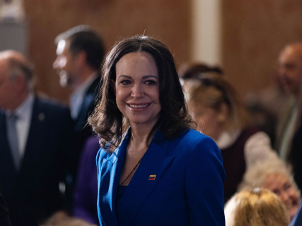 La líder opositora venezolana Maria Corina Machado, en un desayuno informativo en Madrid.  Europa Press/Contacto/Ignacio Lopez Isasmendi