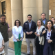 El portavoz del grupo parlamentario de VOX en las Cortes de Aragón, Alejandro Nolasco, la portavoz del grupo municipal de Vox en el Ayuntamiento de Zaragoza, Eva Torres --de blanco y verde-- y otros cargos de este partido EUROPA PRESS