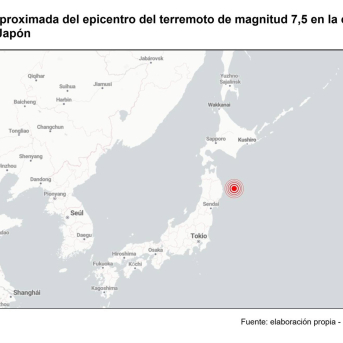 Ubicación aproximada del epicentro del terremoto de magnitud 7,5 en la costa oriental de Japón EUROPA PRESS