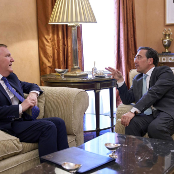 Reunión del ministro José Manuel Albares con el Comisario de la Unión Europea para la democracia, Justicia, Estado de derecho y protección al Consumidor, Michael McGrath.  Palacio de Viana, Madrid. GUILLERMO NAVARRO/MAEC