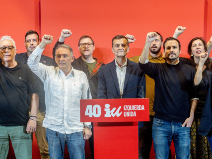 El coordinador federal de IU, Antonio Maíllo (c), durante el acto del 40 Aniversario de Izquierda Unida, en el anfiteatro de la sede de UGT, a 25 de abril de 2026, en Madrid (España) Ricardo Rubio - Europa Press