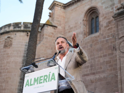 El presidente de Vox, Santiago Abascal, durante su participación en un acto de precampaña en Almería. MARIAN LEÓN - EUROPA PRESS