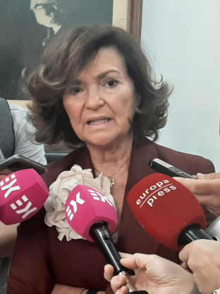 La exvicepresidenta del Gobierno Carmen Calvo en declaraciones a los medios con motivo de los Premios Primero de Mayo de UGT Extremadura 2026 EUROPA PRESS