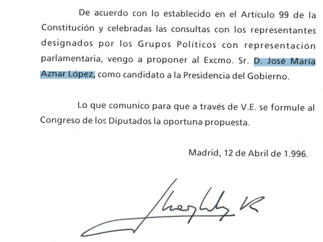 Proposal of candidate for President of the Government, José María Aznar López, the King, Don Juan Carlos