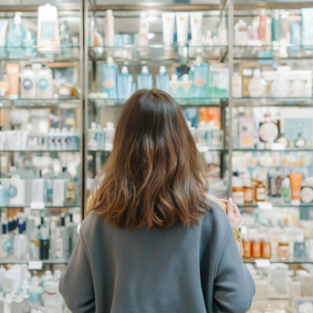 Clienta ante un escaparate con productos de belleza RHOMBUS