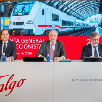 El presidente de Talgo, José Antonio Jainaga, en una Junta de Accionistas celebrada en Vitoria en febrero de 2026. TALGO