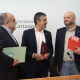 El portavoz del Grupo Municipal MC Cartagena, Jesús Giménez Gallo, y sus homólogos Manolo Torres, del PSOE, y Juan Pedro Torralba, de Sí Cartagena, durante la rueda de prensa conjunta de este martes MC CARTAGENA