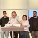 Miembros de la Global Sumud Flotilla junto con Pilar Castillejo (CUP), Andrés García Berrio (Comuns) y Ana Balsera (ERC) en rueda de prensa. EUROPA PRESS