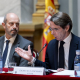El presidente del Senado, Pedro Rollán (i), y el expresidente del Gobierno José María Aznar (d) durante la  presentación del libro ‘Alexis de Tocqueville.  Alberto Ortega - Europa Press