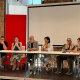 El secretario general de CC.OO., Unai Sordo; la secretaria general de CC.OO. En Catalunya, Belén López; el secretario general de la CGIL, Maurizio Landini, y la secretaria general de CGT, Sophie Binet, en la 35 Escola d'Estiu de CC.OO. EUROPA PRESS