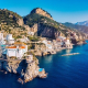 Aerial view of Atrani famous coastal village located on Amalfi Coast, Italy. Small town Atrani on Amalfi Coast in province of Salerno, Campania region, Italy. Atrani town on Amalfi coast, Italy. DALIU