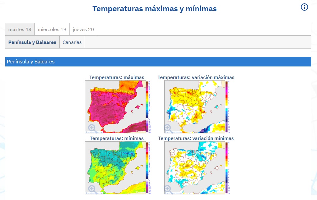 Mapa de temperaturas máximas y mínimas en España para el 18 de agosto. AEMET.