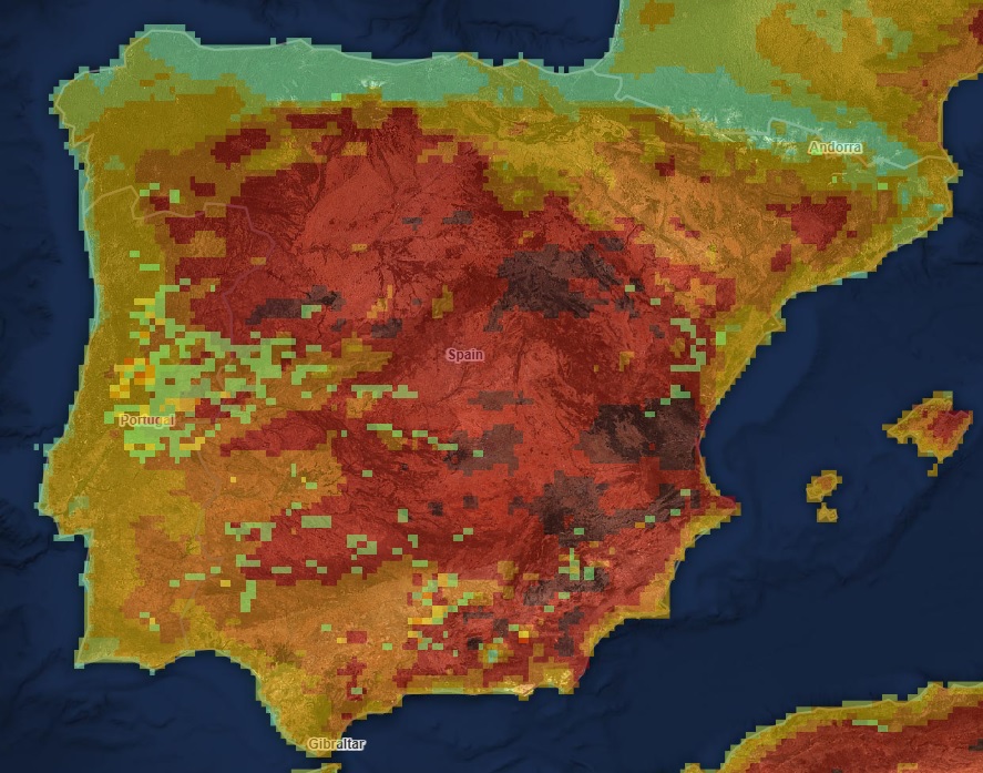 Mapa de incendios en España el 19 agosto. EFFIS.
