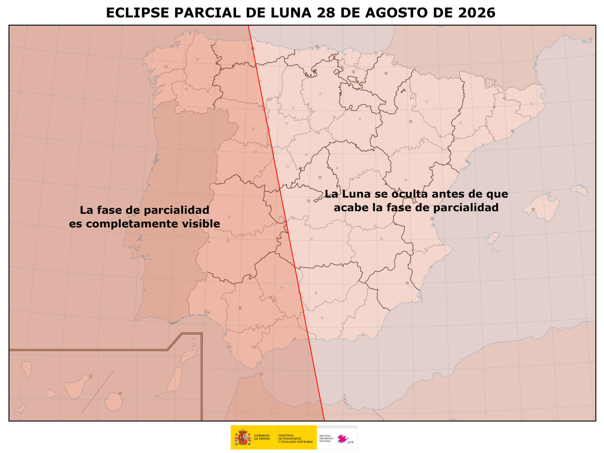 Mapa del eclipse parcial de luna del 28 de agosto en España Mapa del eclipse parcial de luna del 28 de agosto en España