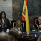 El rey Felipe VI, la presidenta del Tribunal Supremo y del Consejo General del Poder Judicial, Isabel Perelló y la fiscal general del Estado, Teresa Peramato, durante el acto de apertura del Año Judicial, en el Tribunal Supremo este jueves.- POOL POOL