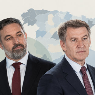 Santiago Abascal y Alberto Núñez Feijóo sobre un mapa de España dividido por provincias | Elaboración propia