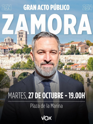 Cartel anunciador del acto público del presidente nacional de Vox en Zamora. VOX