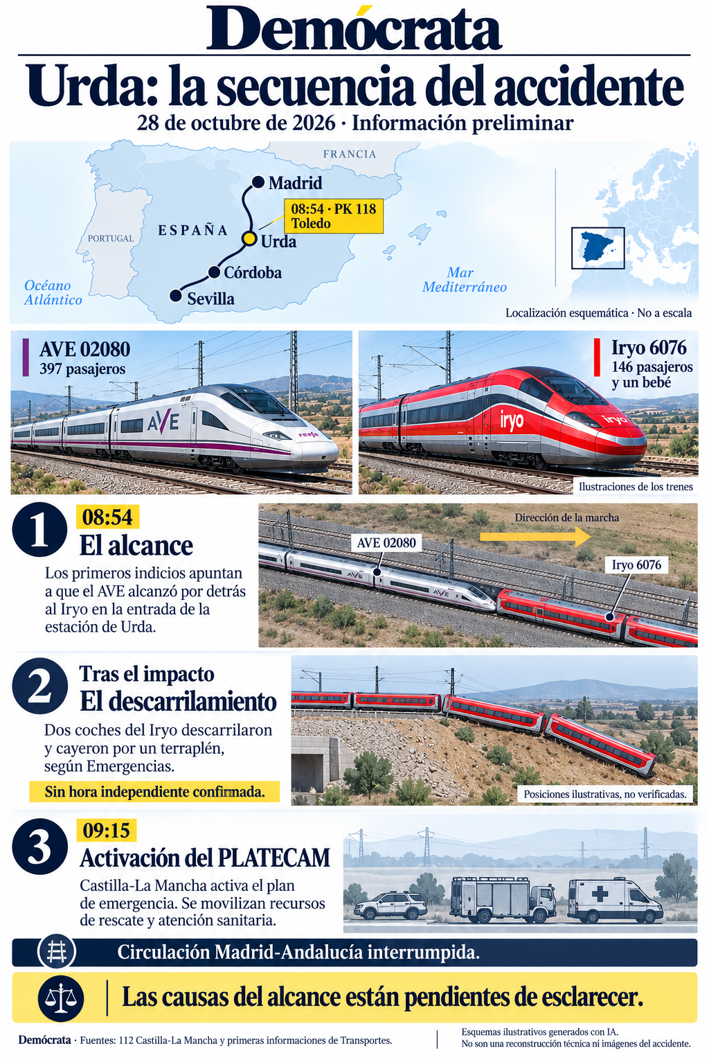 Infografía de Demócrata sobre el accidente ferroviario de Urda: mapa de localización, trenes AVE e Iryo y secuencia preliminar del alcance, descarrilamiento y respuesta de emergencias.