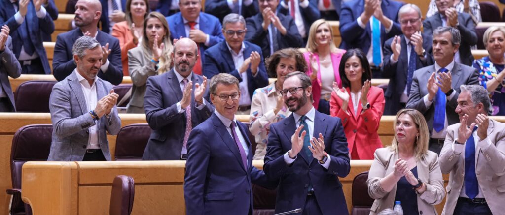 Fotografía del líder del PP, Alberto Núñez Feijóo, aplaudido por su bancada. Fuente Diego Puerta